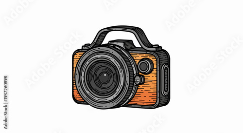 Front view digital camera with large lens line art illustration isolated on light gray background