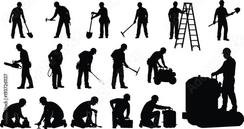 Black silhouette construction worker figures collection showing digging, chainsaw, machinery, ladder climbing, spraying, equipment handling, hard hats, manual labor design