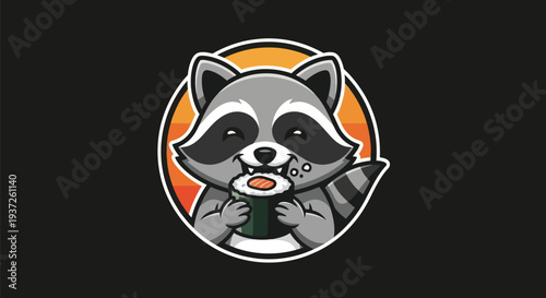 Cartoon raccoon enjoying sushi meal