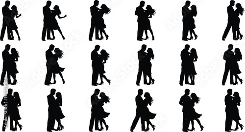 Black silhouette couples dancing figures collection showing romantic ballroom poses, elegant gestures, lifted legs, leaning stances, expressive lifestyle artistic design