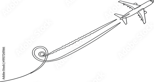 Minimalist Continuous Line Drawing of Commercial Jet Airplane with Stylized Decorative Vapor Trail and Spiral Smoke Pattern