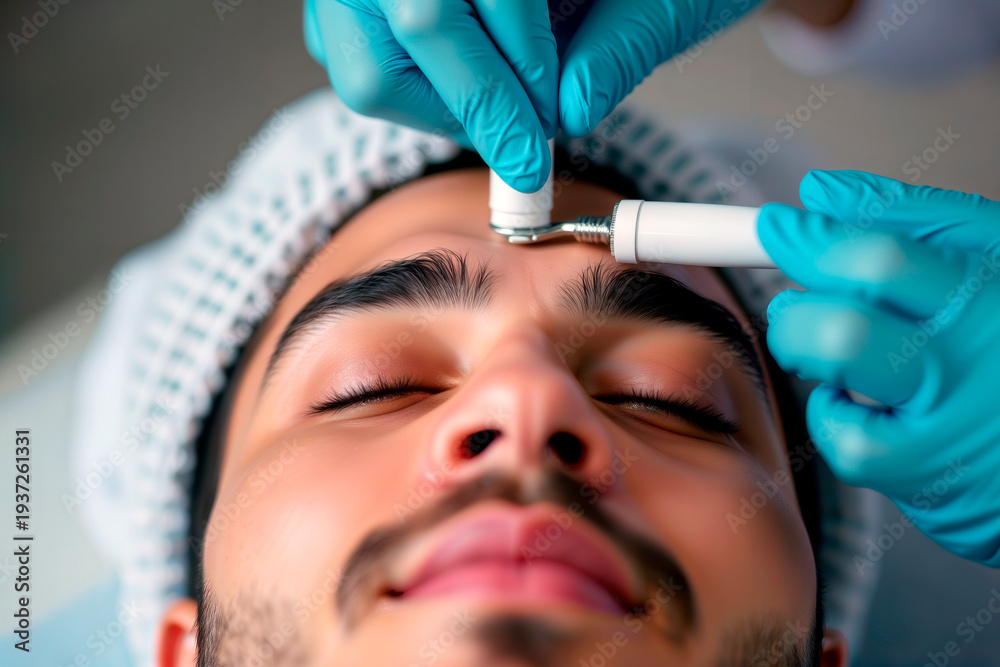 Naklejka premium Close up of a man receiving a professional facial skin treatment.