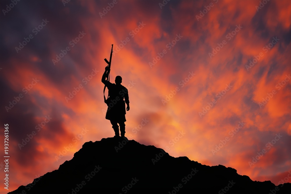 Naklejka premium Silhouette of a Victorious Armed Fighter on a Hill at Sunset