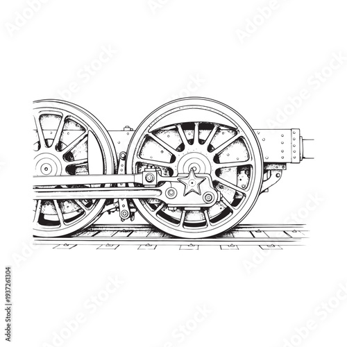 Detailed illustration of a locomotive's driving wheels and axles on a railway track.