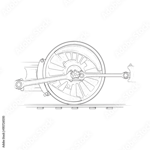 A technical drawing of a mechanical wheel with various components and measurements.