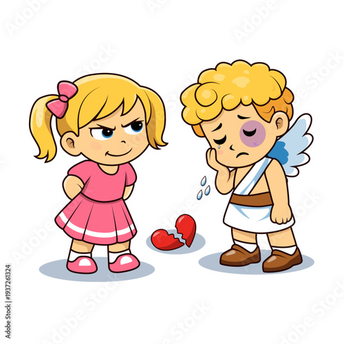 Set of cartoon style graphic illustrations featuring a girl with a broken heart and a Cupid with a black eye.