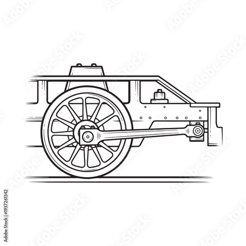 A detailed line drawing of an old-fashioned cart with a large wheel.