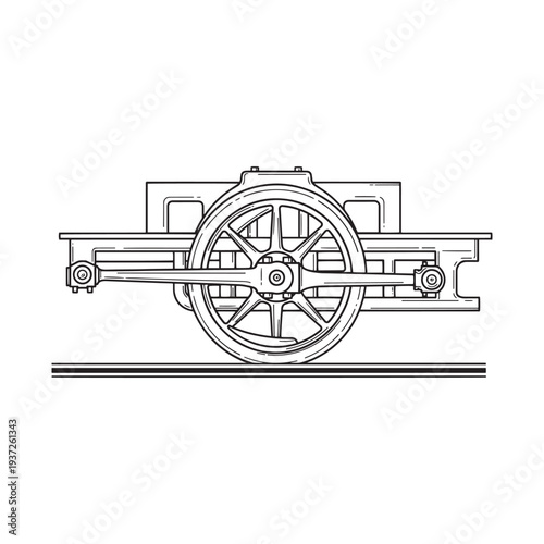 A detailed technical drawing of a cart or wagon wheel assembly on a rail or track.