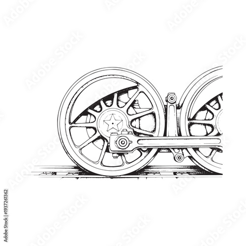 Detailed illustration of a train's wheel and axle system in black and white.