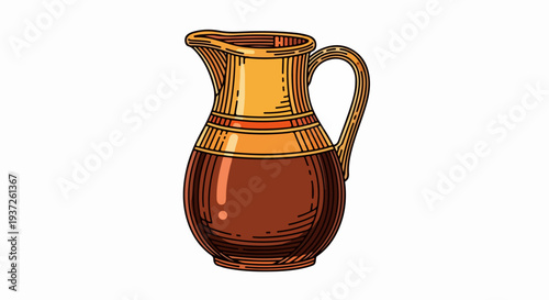 Ceramic pitcher filled halfway with dark liquid illustration