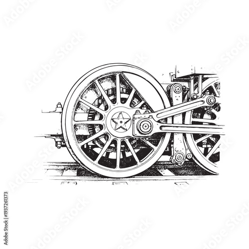 Detailed illustration of a locomotive wheel and axle system in black and white.