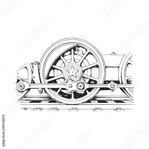 Detailed illustration of a train wheel and axle system on a track.