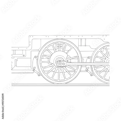 Detailed technical drawing of a mechanical device with large wheels and complex design.