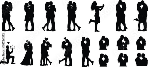Black silhouette couples figures collection showing hugging, kissing, holding hands, proposing, selfies, heart symbols, romantic gestures, emotional connection lifestyle design