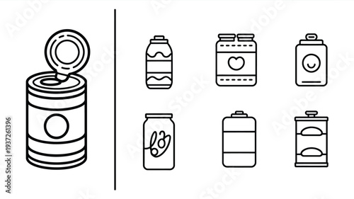 Pantry canned goods outline icon set with metal tin and preserved food elements