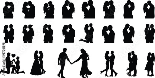 Black silhouette couples figures collection showing kissing, hugging, holding hands, dancing, proposing, romantic gestures, emotional connection, lifestyle artistic design