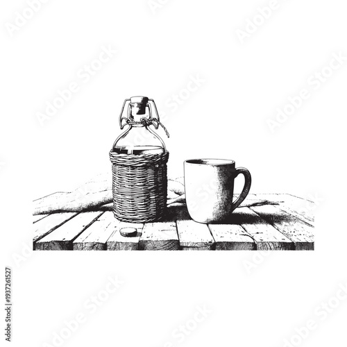 A simple still life featuring a bottle and a cup on a wooden table.