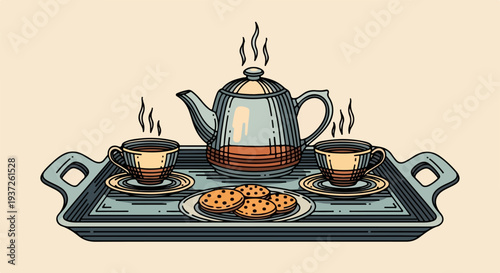 Tea set with teapot cups cookies and steam on serving tray