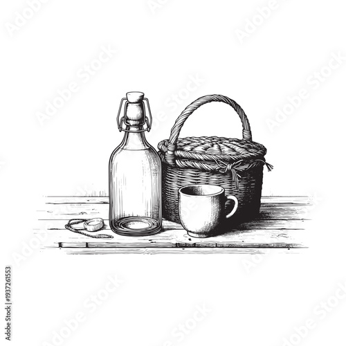 A vintage bottle and basket with a cup on a wooden surface.