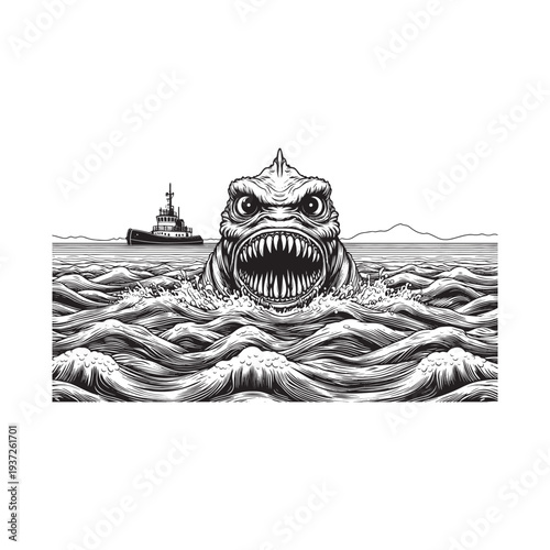 A monstrous sea creature emerges from the ocean, threatening a small boat in the distance.