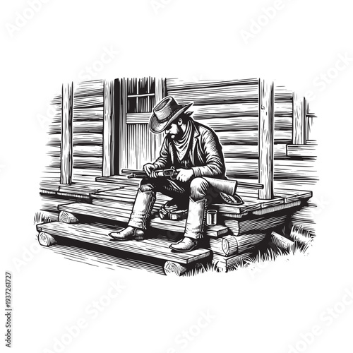 Man sitting on steps outside a log cabin, lost in thought.