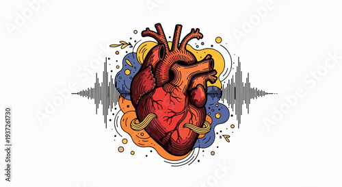 Color anatomical heart with abstract shapes and audio waveform