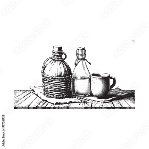 A simple still life of a wicker jug, a glass bottle, and a mug on a wooden table.