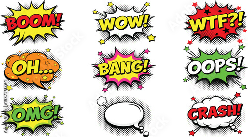 Set of Nine Vibrant Comic Book Sound Effect Bubbles Featuring Boom Wow Bang and Crash with Halftone Dots