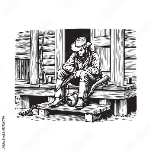 A lone cowboy is sitting on the porch of a log cabin, cleaning his rifle.