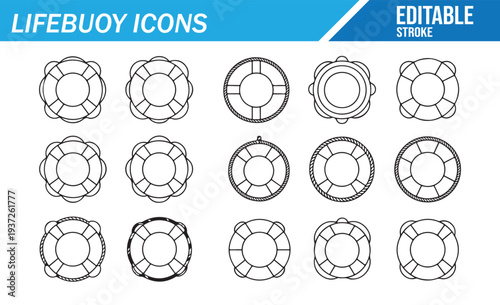 Editable lifebuoy icon set vector collection featuring multiple life preserver ring designs in flat and outline styles isolated on white background for marine safety, rescue graphics, emergency signag