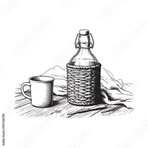 A simple still life of a wicker wrapped bottle and a metal mug on a table.