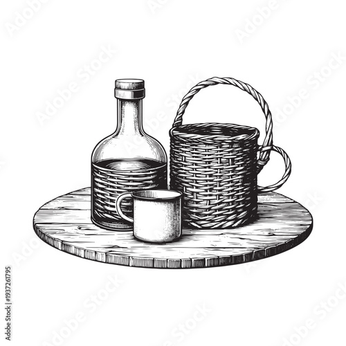 A simple still life of a bottle, mug, and wicker basket on a wooden tray.