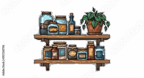 Two wooden wall shelves with apothecary jars bottles and houseplant illustration