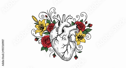 Black and white anatomical heart with roses and lilies illustration