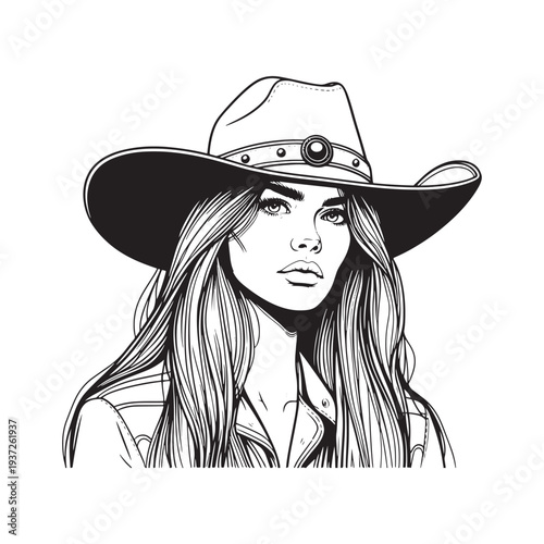 A black and white illustration of a woman wearing a wide-brimmed hat and looking directly at the viewer.