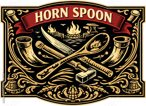 Horn Spoon Blacksmith Vintage Craft Badge Vector