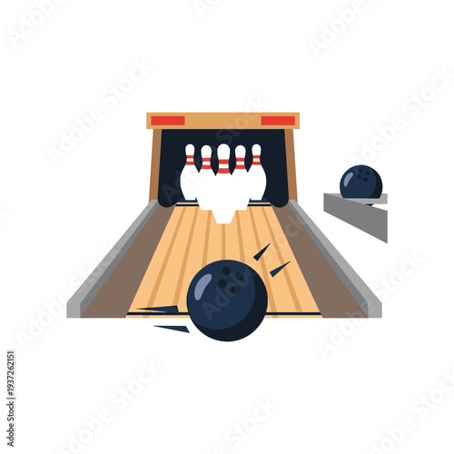 Bowling strike concept with pins and ball on wooden lane illustration