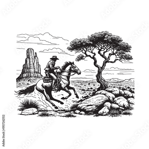 A lone rider on horseback navigates through a rocky terrain with a distinctive tree.