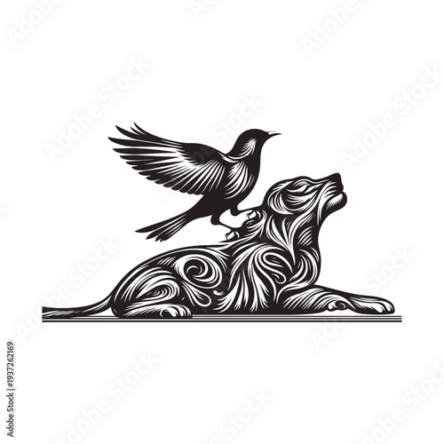 A black and white illustration of a bird perched on a lying dog.