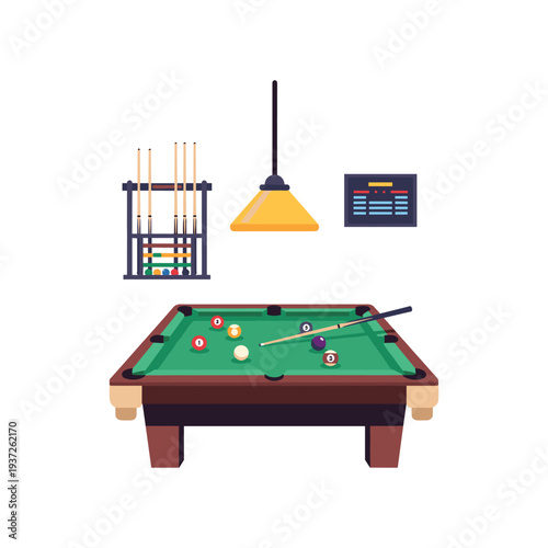 Professional billiards table setup with balls cue chalk and scoreboard illustration