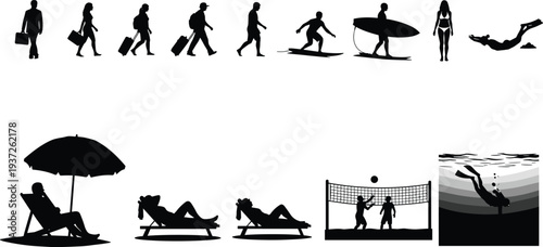 Black silhouette people figures collection showing business to leisure transition, luggage, surfing, swimming, diving, sunbathing, volleyball, beach vacation lifestyle design