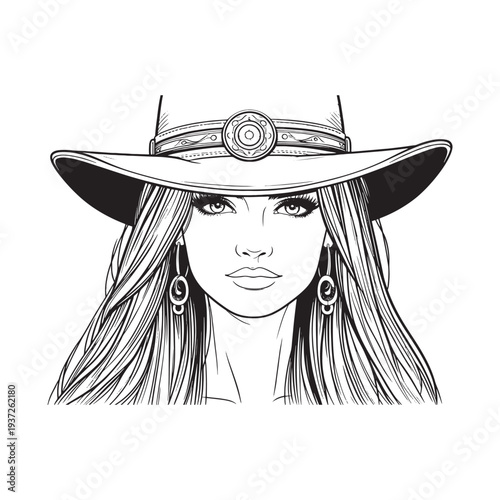 Woman wearing a wide brimmed hat and long hair in a black and white illustration.