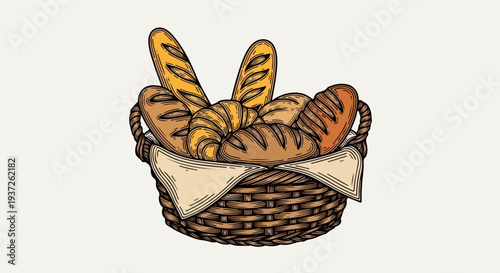 Wicker bread basket with rope handles baguettes croissant and loaves illustration