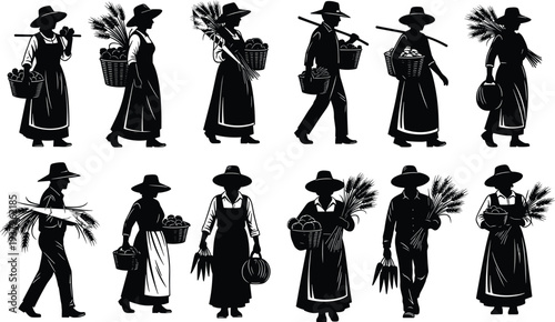Vintage silhouette illustration of rural farmers carrying harvest baskets and wheat bundles, traditional agriculture workers in countryside farming scene black and white artwork