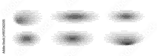 Bitmap shadows set. Pixel art halftone grid circles collection. Round pixelated Dither gradients. Retro game elements. Radial decay effect. Mosaic textures. Vector illustration black white.