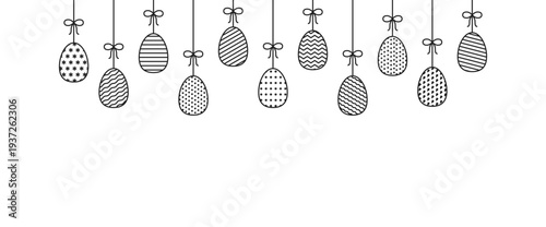 Hanging Easter tree decoration with ribbon. Line garland for festive background, banner, poster, flyer. Minimalist black bows. Editable stroke