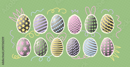 Easter eggs set with halftone effect. Modern Retro collage decorations. Cutout colorful paper shapes with dotted texture. Happy Easter elements concept. Vector vintage illustration for poster post.