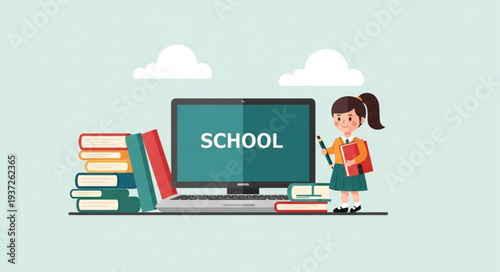 Child Student Standing Next to Computer and Books.