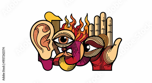 Surreal collage of ear eyes tongue hand and flames illustration