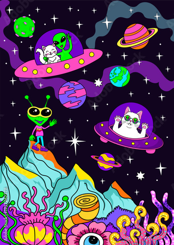Psychedelic landscape. Poster with cats and aliens exploring space.